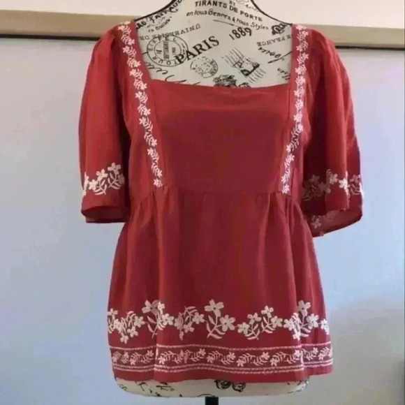 OLD NAVY | Women's Red/White Flutter Sleeved Smocked Embroidered Swing Top - Picture 3 of 8